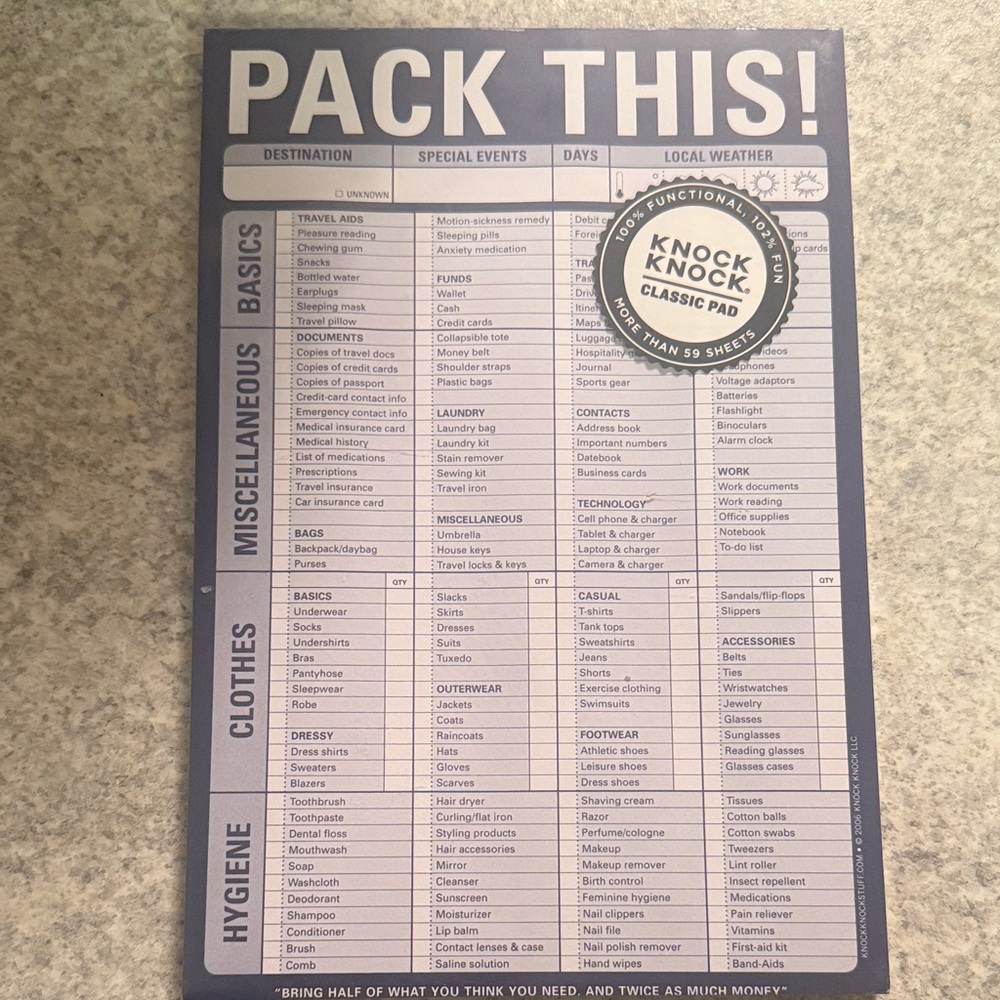 Knock Knock Packing List Notepad - 60 sheets NEW